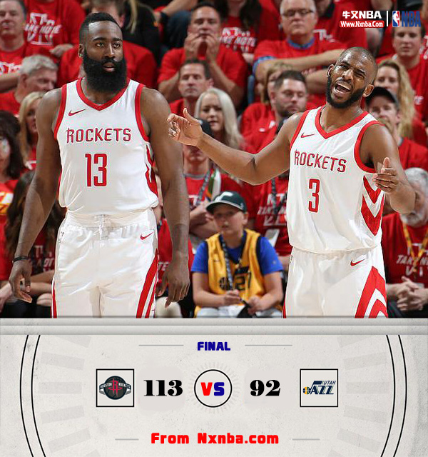 2018年NBA东部半决赛G3全场录像回顾：火箭113-92大胜爵士