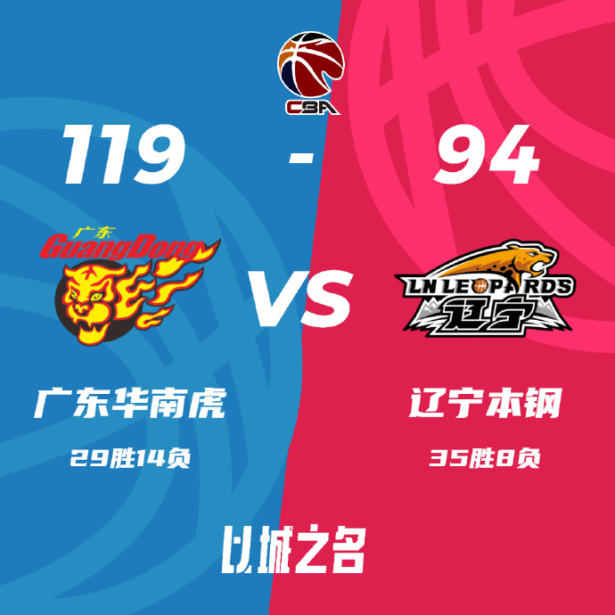 CBA简报:广东119-94大胜辽宁 胡明轩24+5 赵继伟14+5+9 张镇麟17中5