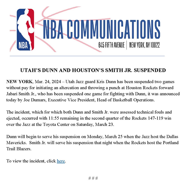 NBA震撼罚单！火箭爵士冲突，邓恩史密斯禁赛，火药味十足