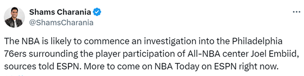 NBA拟调查76人 若恩比德缺阵违规球队恐遭罚款