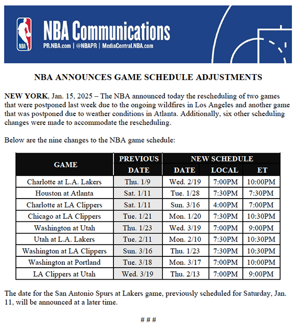 NBA官宣9场延期比赛补赛时间，湖人vs马刺待定引关注