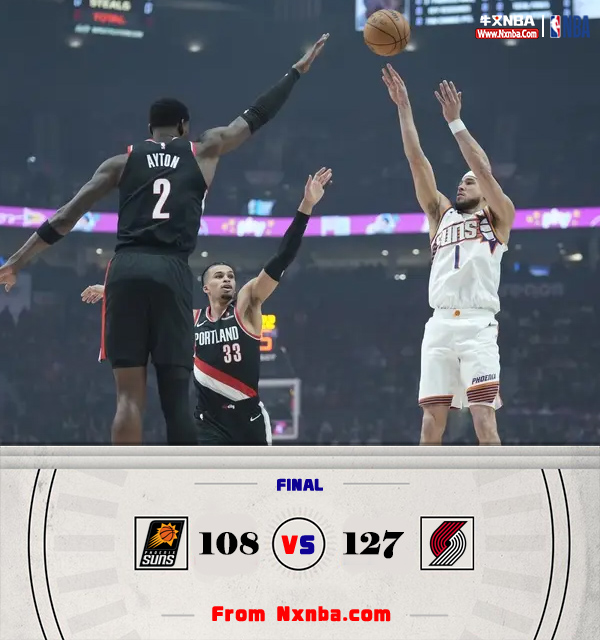 NBA简报；开拓者127-108射落太阳 艾顿24+7 布克37+5 KD22分