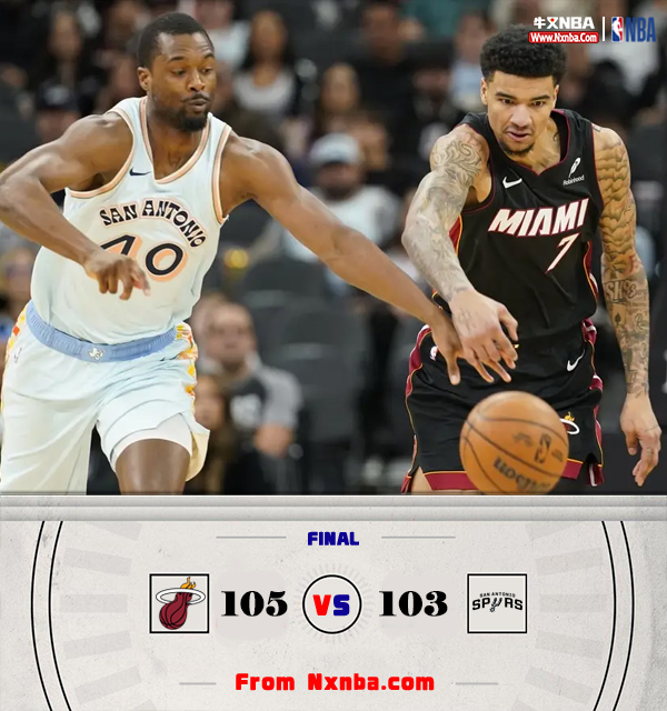 NBA简报:热火105-103力克马刺 阿德巴约绝杀砍30+13+9 希罗16中4 文班缺阵