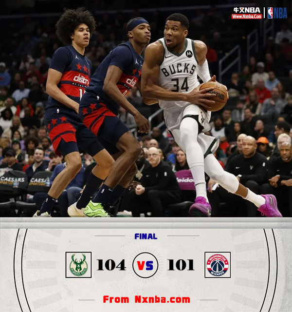 NBA简报:雄鹿104-101力克奇才 字母哥18+7失误&6犯 库兹马19+8 普尔11中3