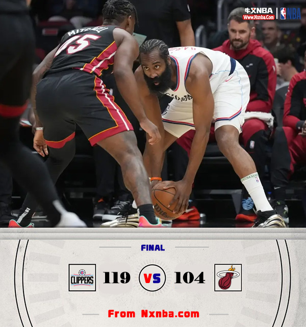 NBA简报；快船119-104胜热火 哈登24+8+11 博格丹30+10 希罗31+6+7
