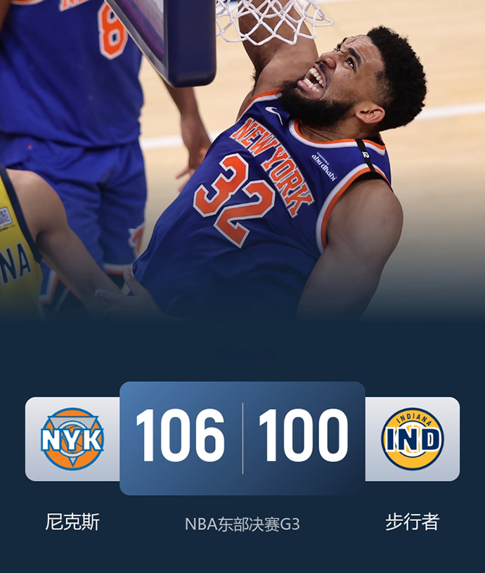 NBA简报:尼克斯106-100逆转步行者 唐斯末节狂揽20分！尼克斯20分大逆转